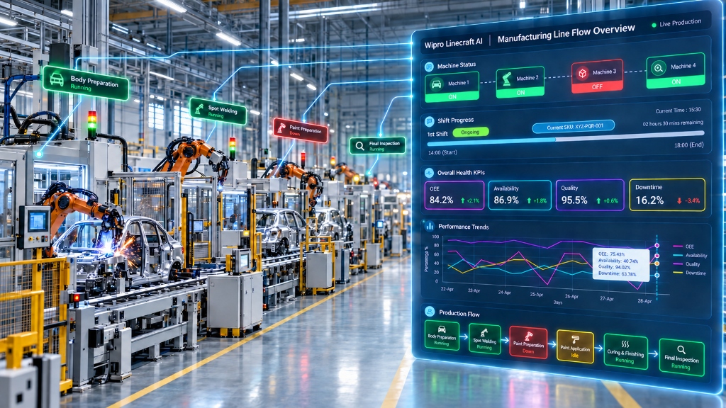 Linecraft Ikshana - Manufacturing Line Flow Overview showing live robot stations, machine states, shift progress, and health KPIs