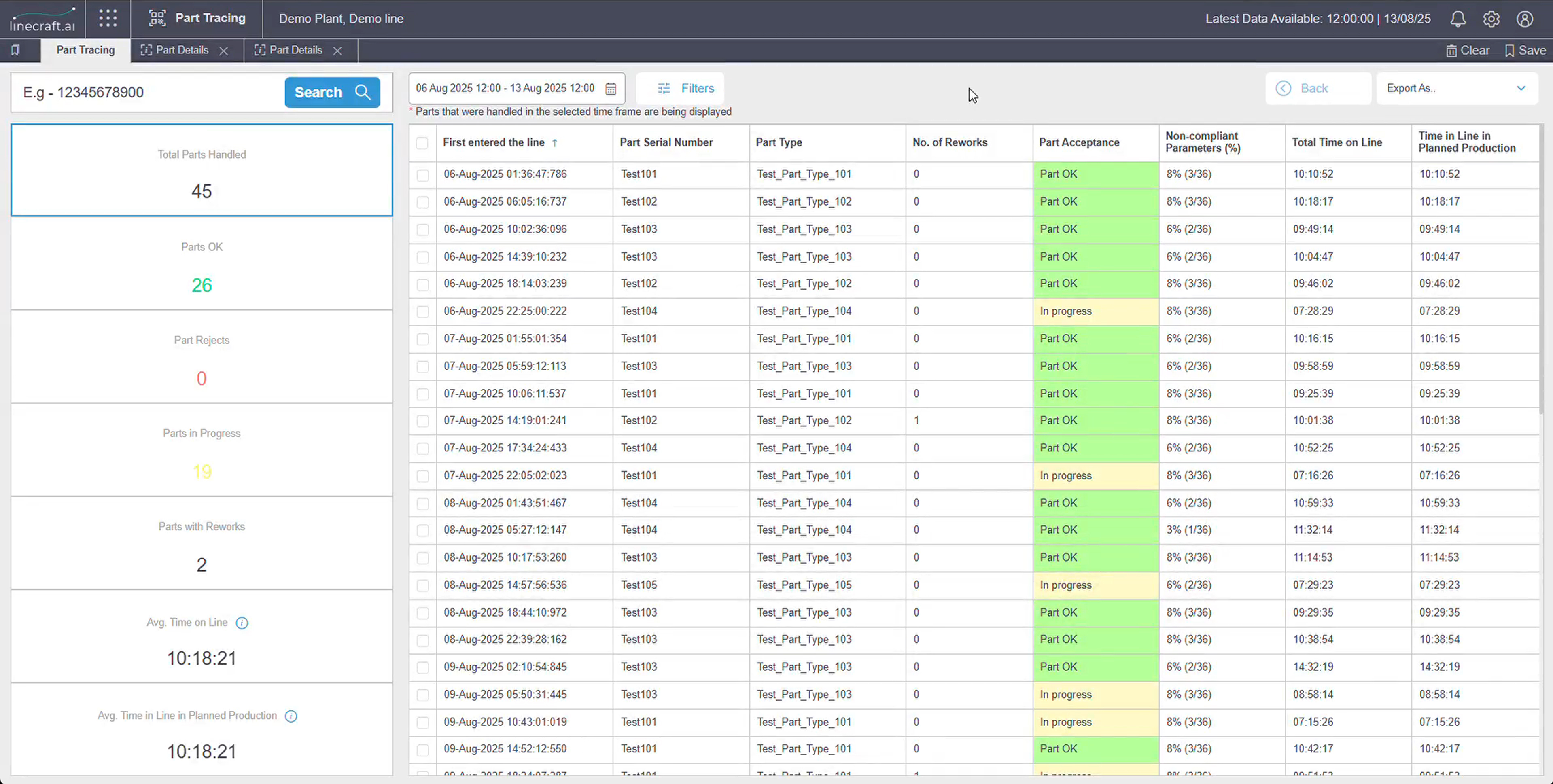 Part tracing module screenshot